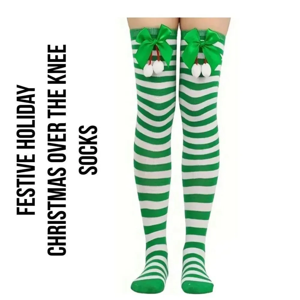 Christmas Green Striped Over-the-Knee Socks(Tights) With Bow & Pom Poms